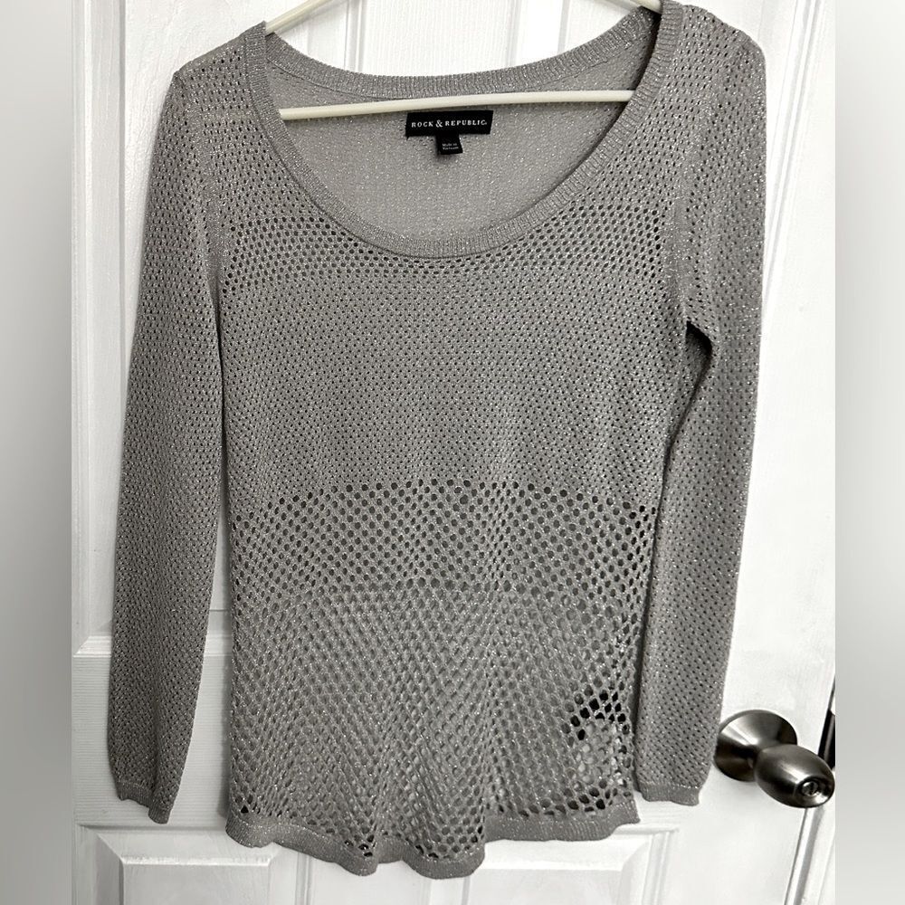 Rock & Republic long gray silver metallic open knit see through sweater Small